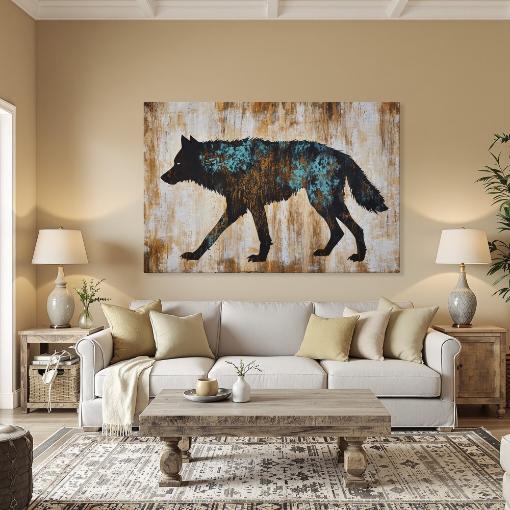 Framed Wall Art: Black wolf silhouette Canvas Print with teal and orange accents, perfect for rustic home decor.