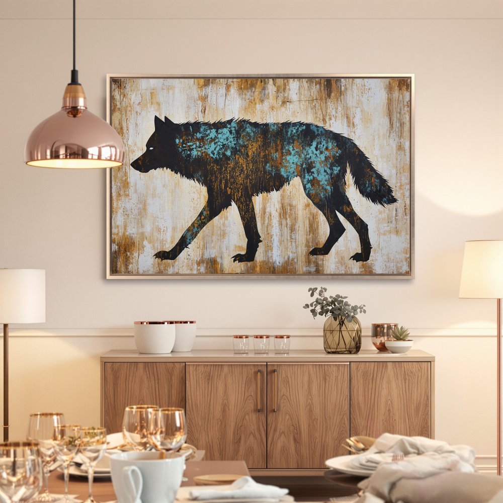 Framed Wall Art: Black wolf silhouette Canvas Print with teal & gold accents. Modern art for your dining room. Shop now!