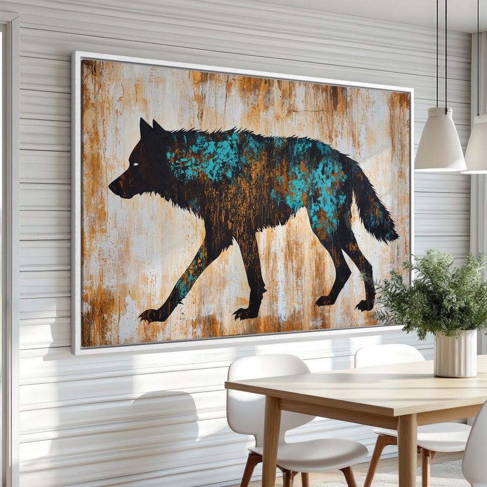 Framed Wall Art: Abstract wolf Canvas Print in black, teal, and gold. Rustic style art for modern home decor.