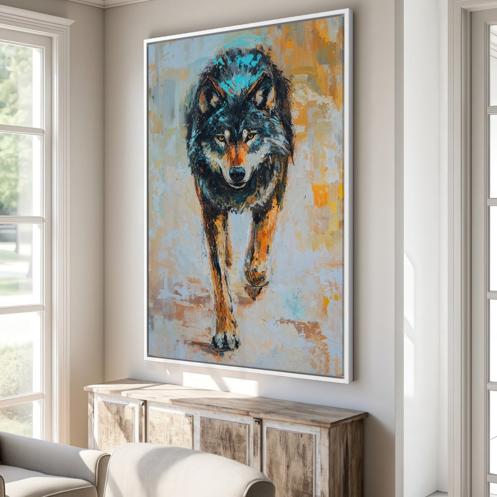 Framed Wall Art: Powerful wolf painting in warm, earthy tones. Add a touch of wilderness to your home with this stunning canvas print.