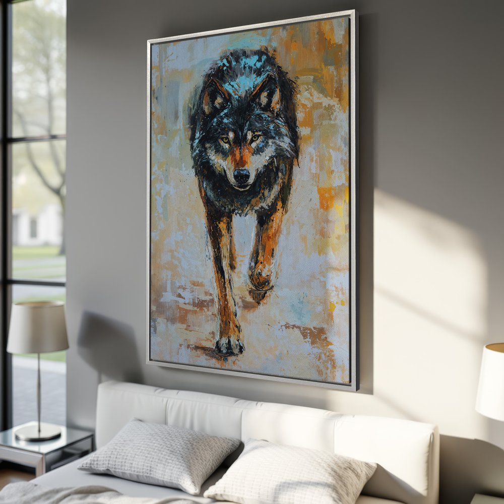Framed Wall Art: Majestic wolf painting in a modern, expressive style with a warm, earthy palette. Perfect for adding a touch of wildlife to your home decor.