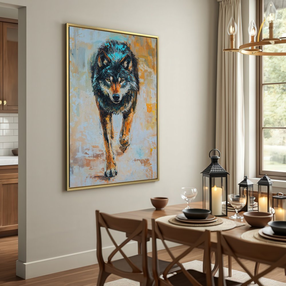 Canvas Print of a majestic wolf in a modern, painterly style with a warm, earthy color palette. Perfect wall art!