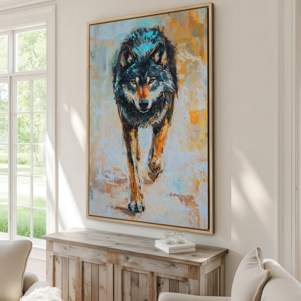 Framed Wall Art: Powerful wolf portrait canvas print. Abstract style, bold black, orange, and teal palette. Elevate your home decor!