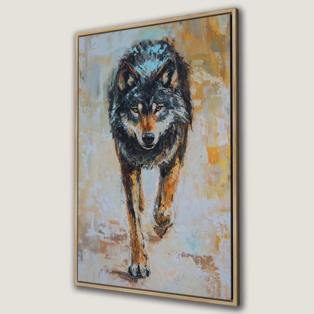 Framed Wall Art: Powerful wolf painting in warm earth tones. Add a touch of wilderness to your home with this stunning Canvas Print.