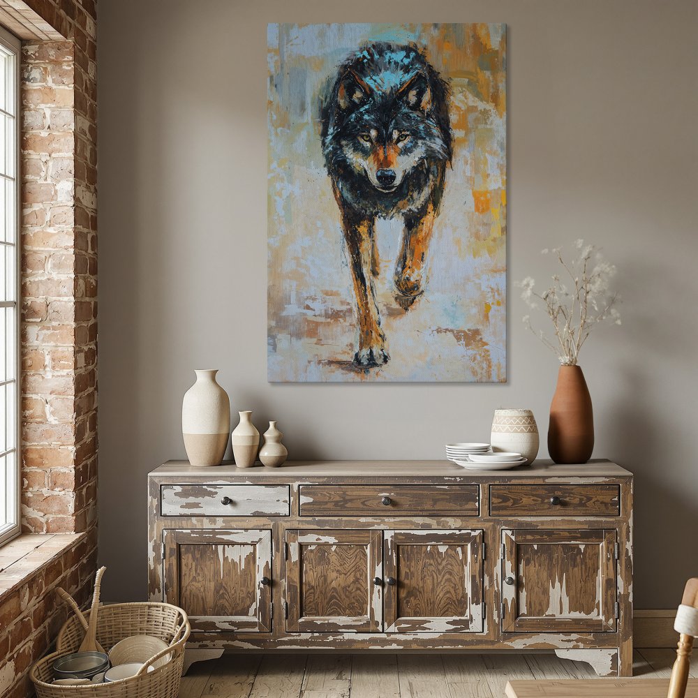 Framed Wall Art: Powerful wolf canvas print in a modern style with a vibrant blue, orange, and black color palette. Perfect for any home decor!