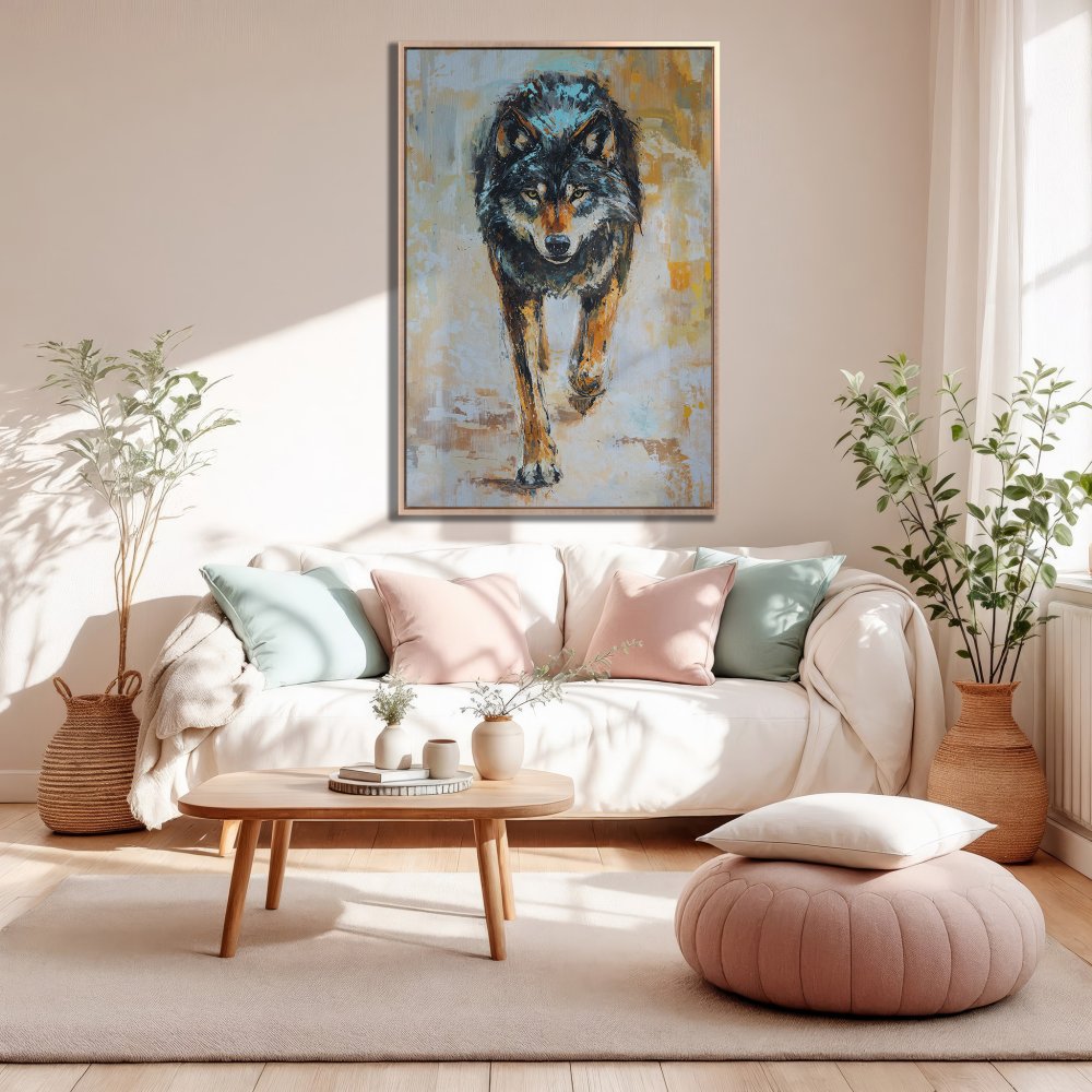 Framed Wall Art: Majestic wolf painting in warm neutral tones. Add a touch of wilderness to your home decor with this stunning Canvas Print!