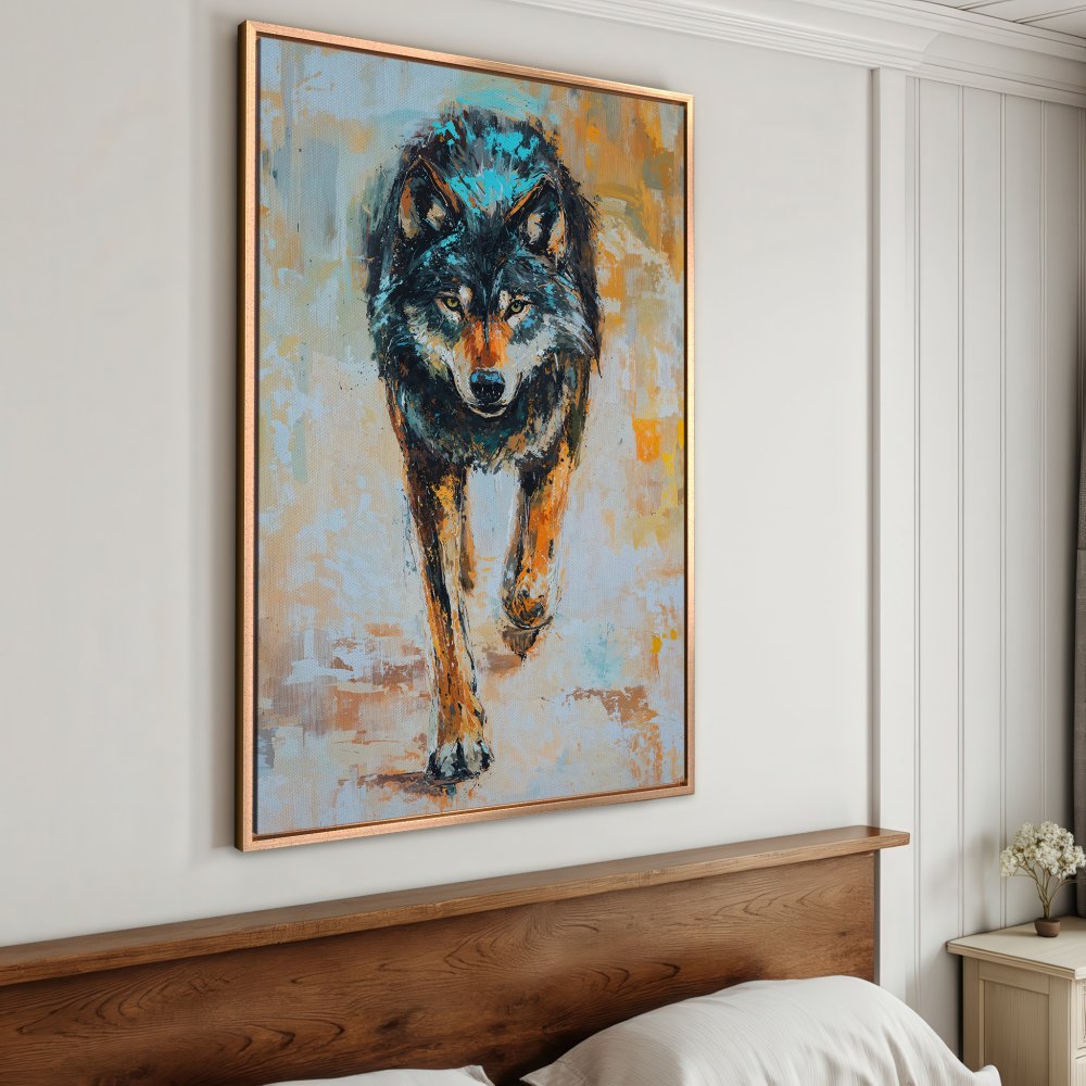 Framed Wall Art: Powerful wolf painting in expressive brushstrokes. Earthy tones with pops of teal. Elevate your space with this stunning canvas print.