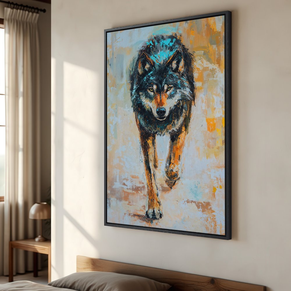 Framed Wall Art: Powerful wolf art in a modern, abstract style. Earthy orange, blue, and neutral tones. Perfect for adding a bold statement to any room.