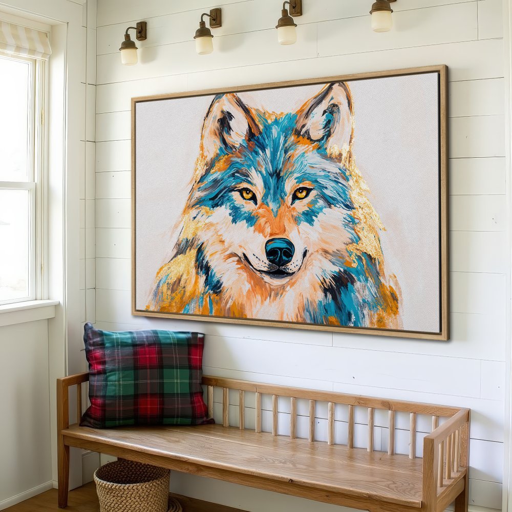 Framed Wall Art: Colorful wolf portrait Canvas Print. Modern, abstract style with blue, gold, and orange hues. Perfect for living room or entryway decor.