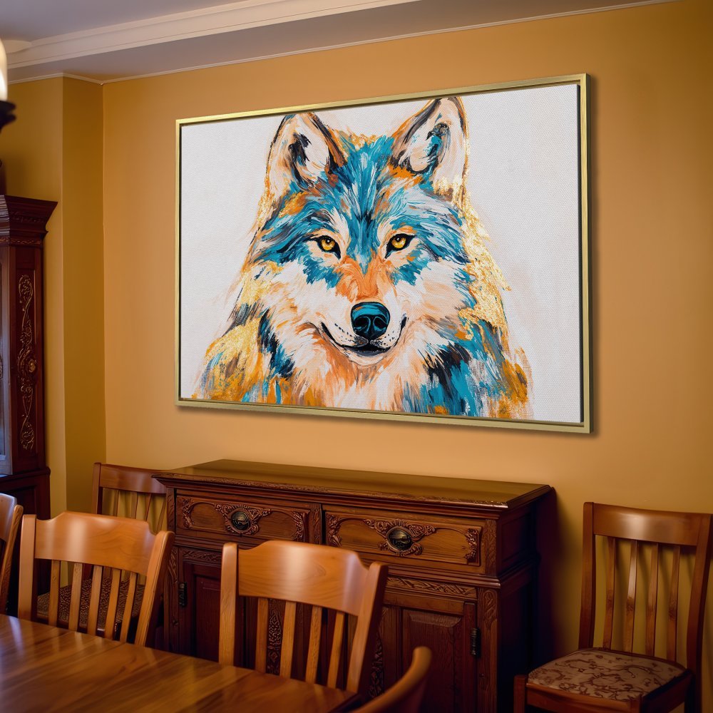 Canvas Print of a majestic wolf in vibrant blue, gold, and orange hues, perfect for adding a touch of wilderness to your home decor.