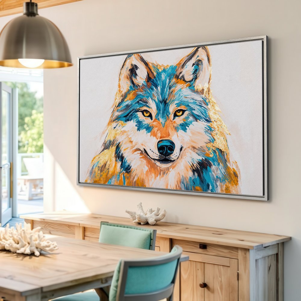 Framed Wall Art: Colorful wolf portrait Canvas Print with vibrant blue, gold, and orange hues. Add a touch of wild elegance to your home decor!