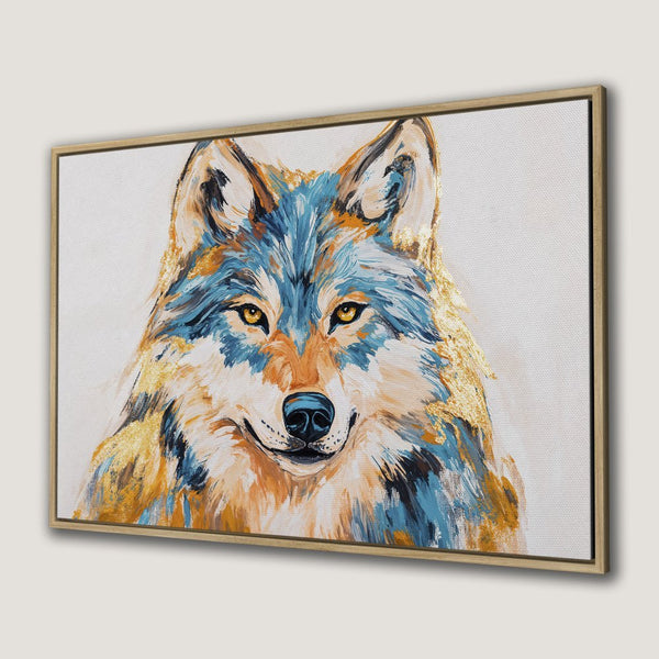 Framed Wall Art: Majestic wolf portrait in blue, gold, & orange hues. Modern, expressive Canvas Print for a stylish home. Shop now!