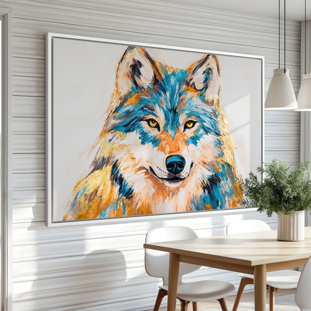 Framed Wall Art: Colorful wolf portrait Canvas Print. Modern, abstract style with vibrant teal, orange, and gold hues. Perfect for home decor!