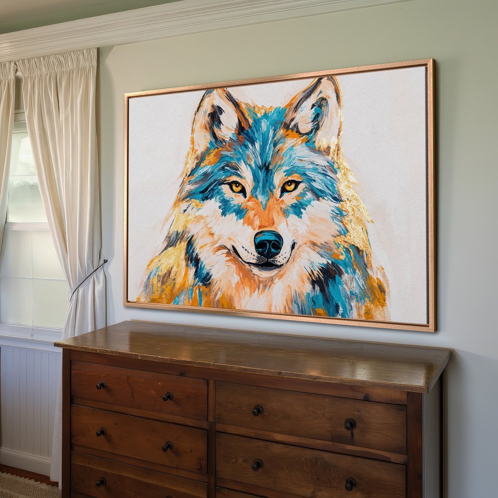 Framed Wall Art: Colorful wolf portrait canvas print in teal, orange, and gold. Modern abstract style, perfect for home decor.
