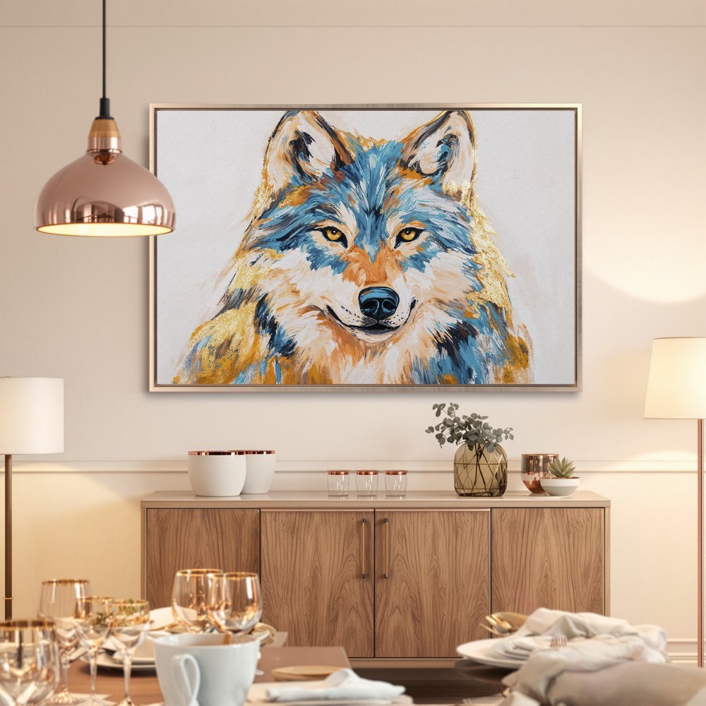 Framed Wall Art: Majestic wolf portrait in vibrant blue, gold, and orange hues. Add a touch of wilderness to your decor with this stunning Canvas Print!