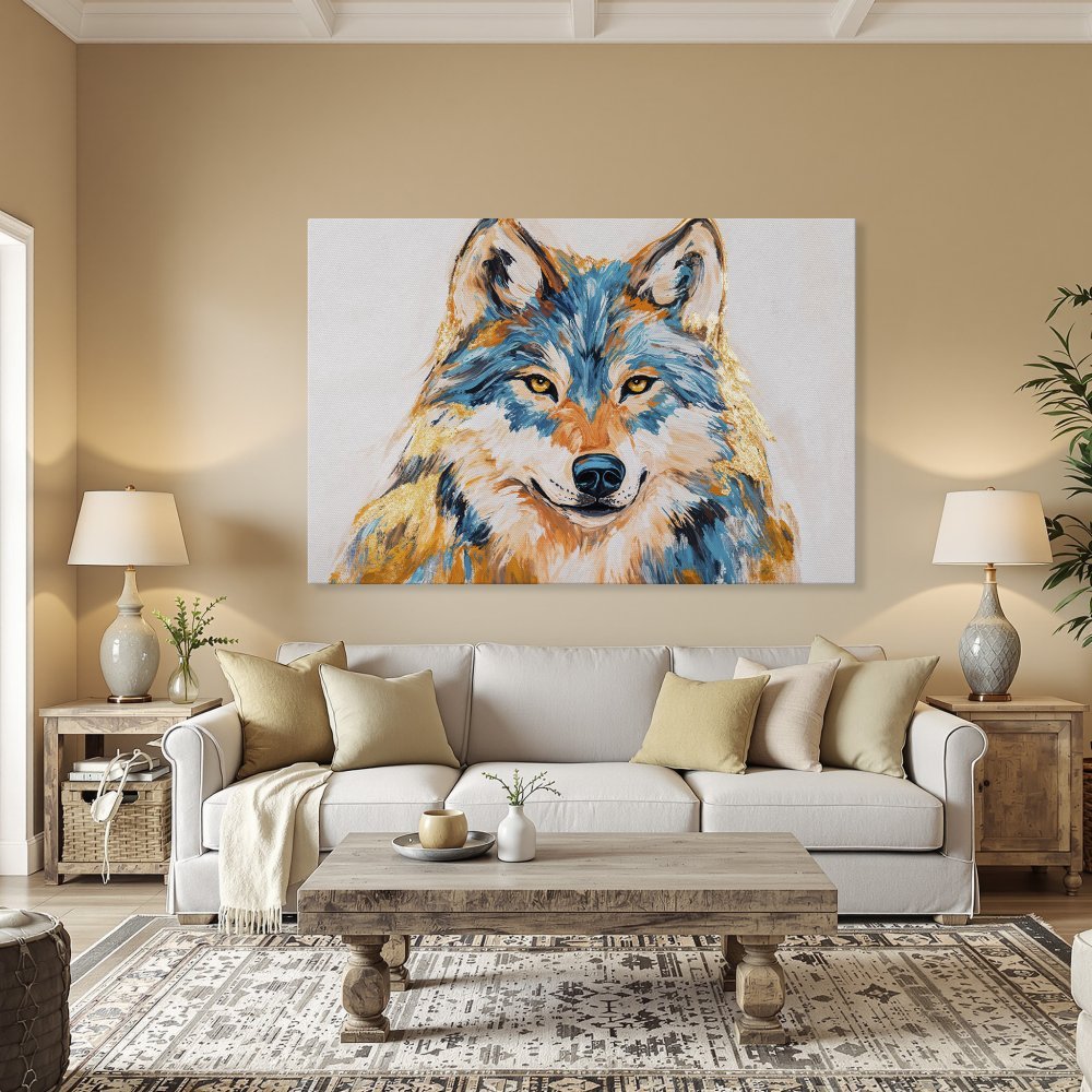 Framed Wall Art: Colorful wolf portrait canvas print with teal, orange, and gold hues. Add a touch of wilderness to your home decor!