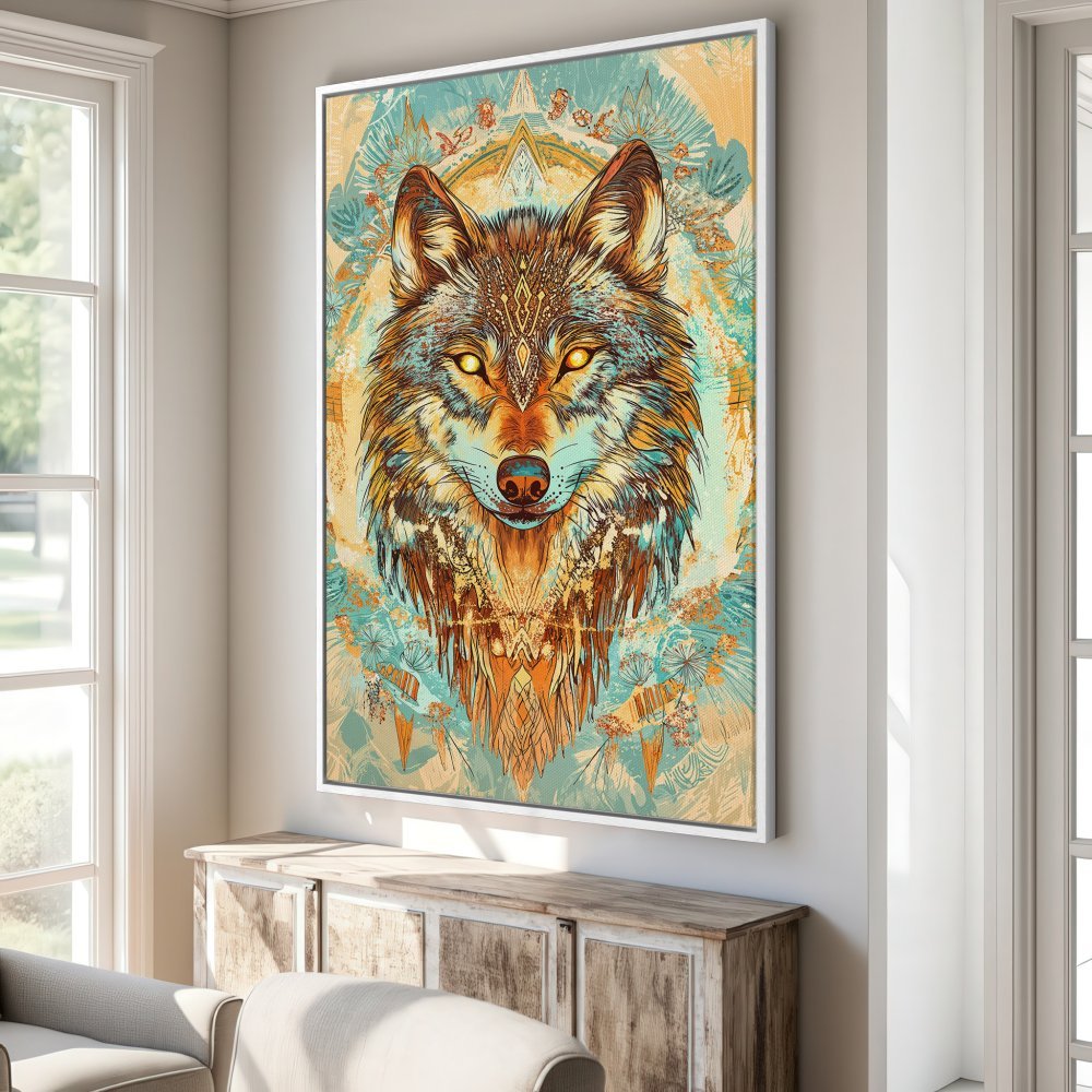 Framed Wall Art: Majestic wolf portrait in vibrant teal, orange, and brown. Boho style Canvas Print adds a touch of nature and artistry to any room.