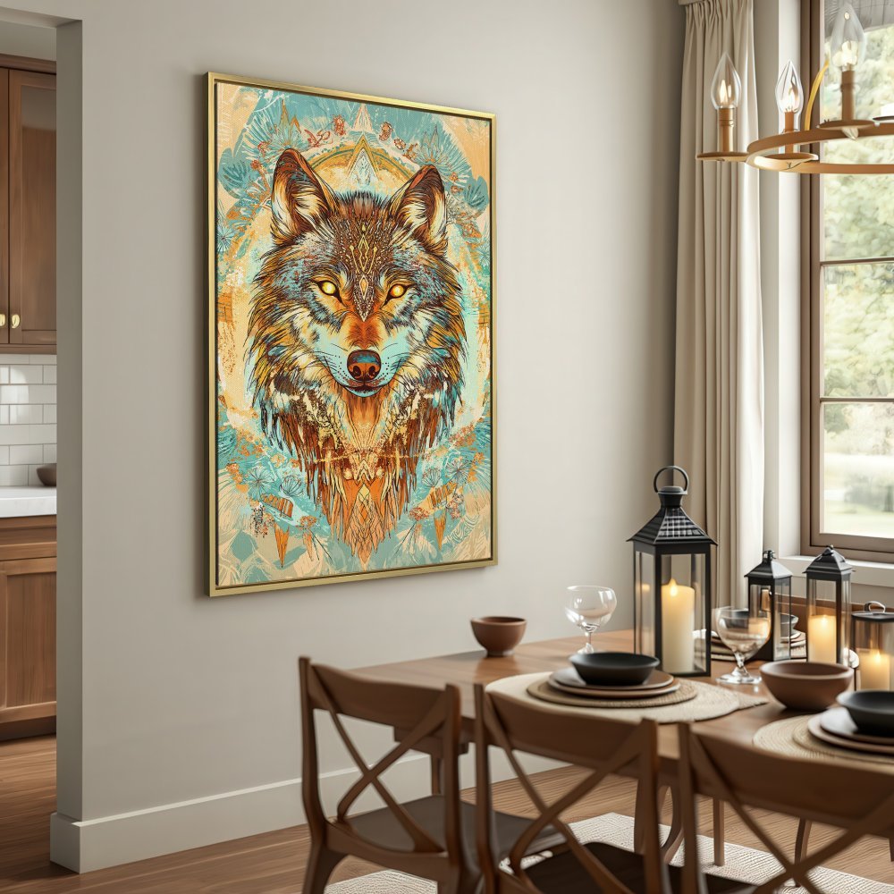 Canvas Print featuring a majestic wolf portrait. Bohemian style art in teal, gold, and brown tones. Elevate your home decor!