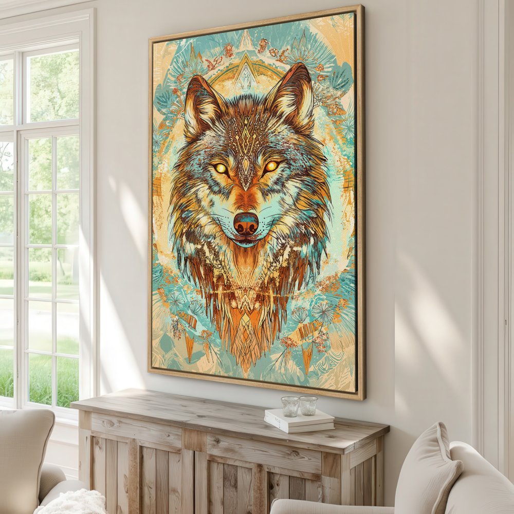 Framed Wall Art: Majestic wolf portrait in vibrant teal, orange, and brown. Boho-inspired canvas print for stylish home decor.