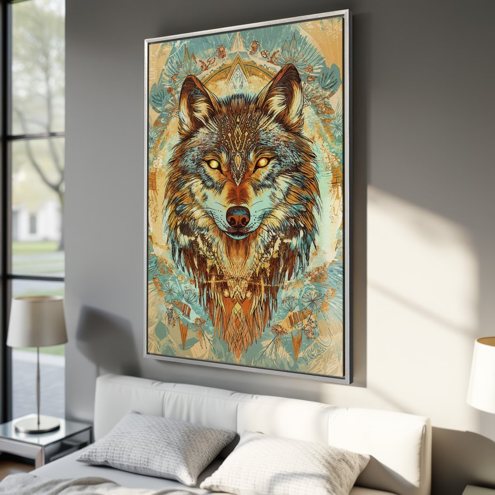 Framed Wall Art: Majestic wolf portrait in vibrant teal, orange, and brown hues. Add a touch of nature and artistry to your space!