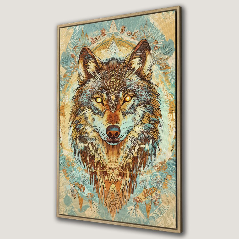 Framed Wall Art: Majestic wolf portrait in boho style, featuring warm earth tones and cool blues. Elevate your space with this stunning Canvas Print!