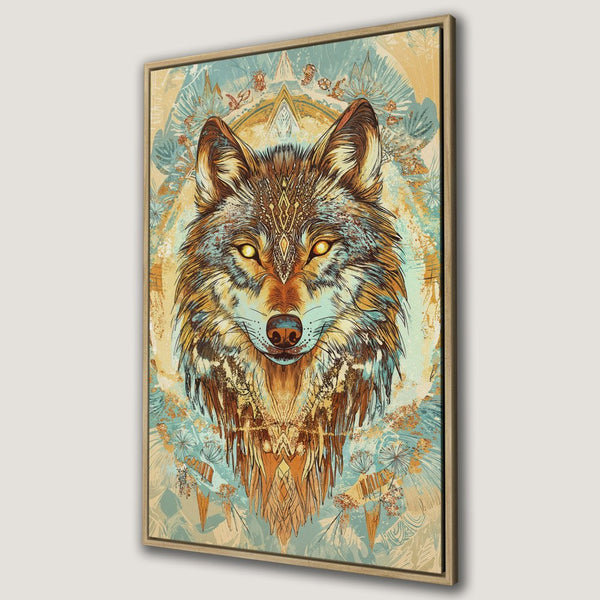 Framed Wall Art: Majestic wolf portrait in boho style, featuring warm earth tones and cool blues. Elevate your space with this stunning Canvas Print!