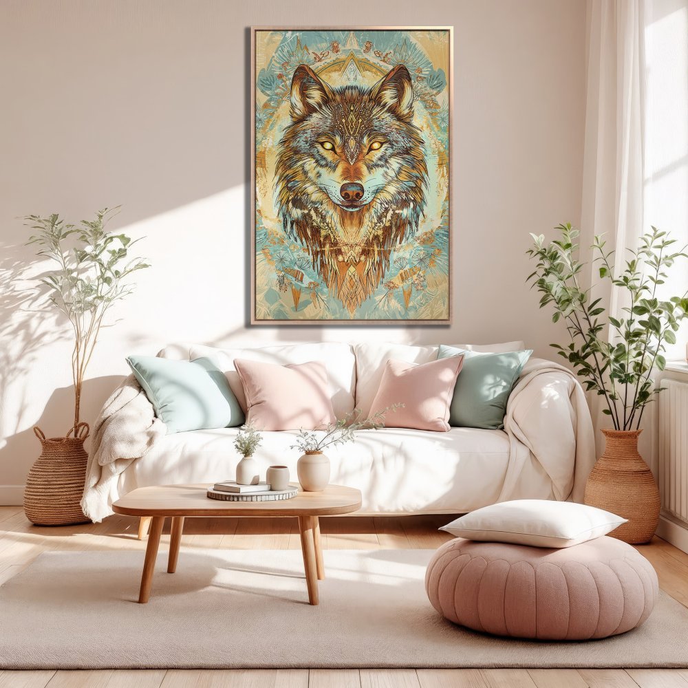 Framed Wall Art: Majestic wolf portrait in boho style, featuring a warm, earthy color palette. Perfect for living room decor!