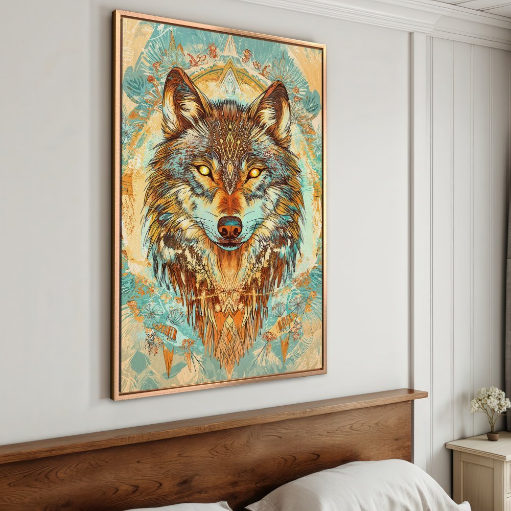 Framed Wall Art: Majestic wolf portrait in vibrant teal & orange hues. Boho style canvas print to elevate your home decor.