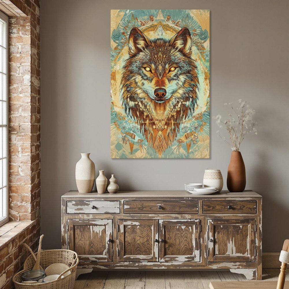 Framed Wall Art: Majestic wolf portrait in teal, orange, and gold. Boho-style canvas print adds a unique touch to any room. Shop now!