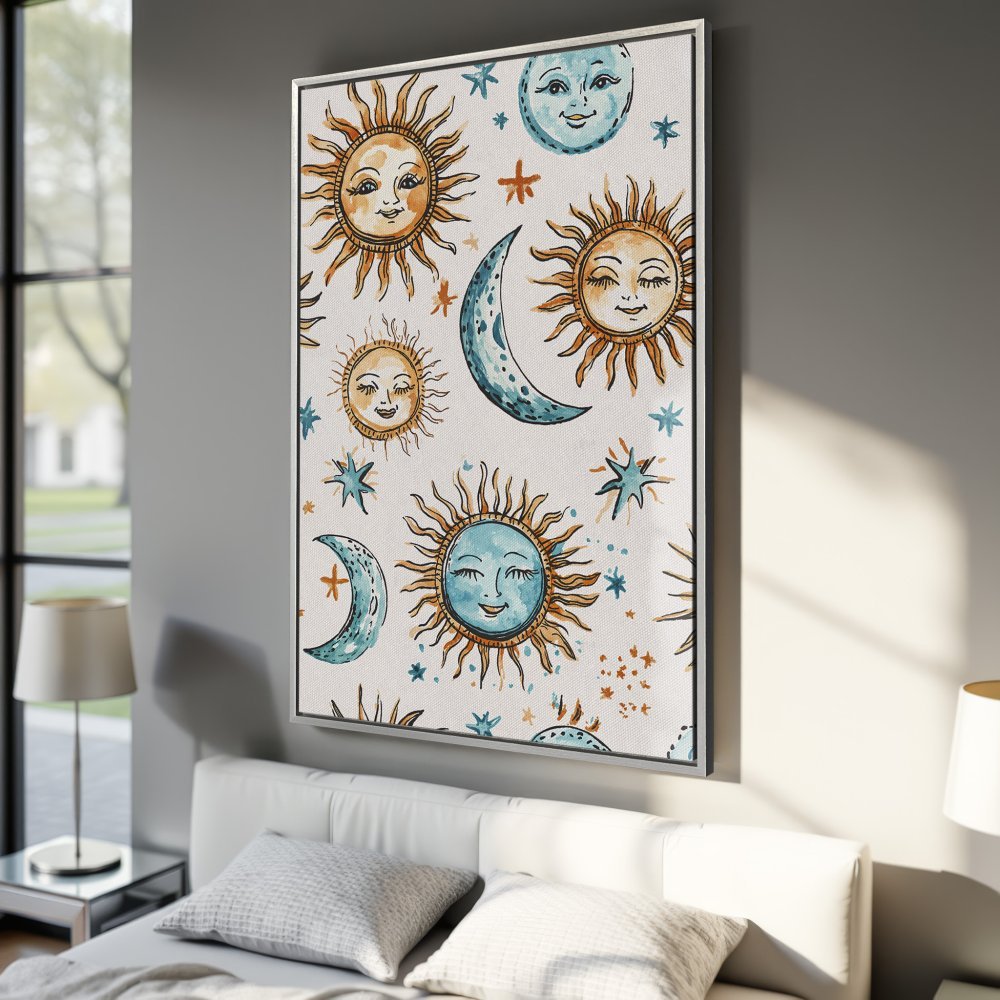 Framed Wall Art: Watercolor sun and moon pattern in warm tones. Boho style canvas print adds celestial charm to any room.