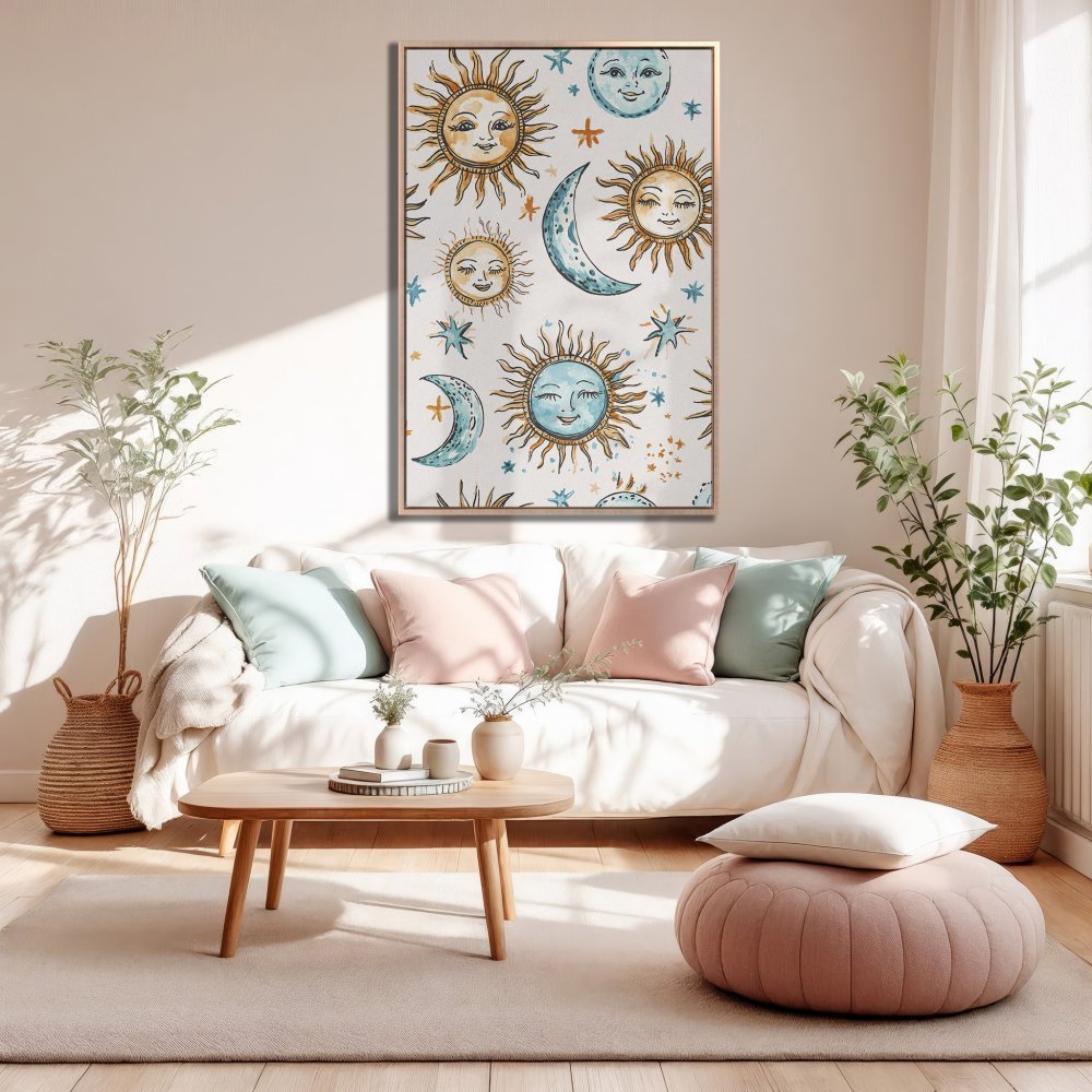 Framed Wall Art featuring whimsical sun and moon illustrations in a watercolor style, with a soft pastel color palette. Perfect for boho decor!