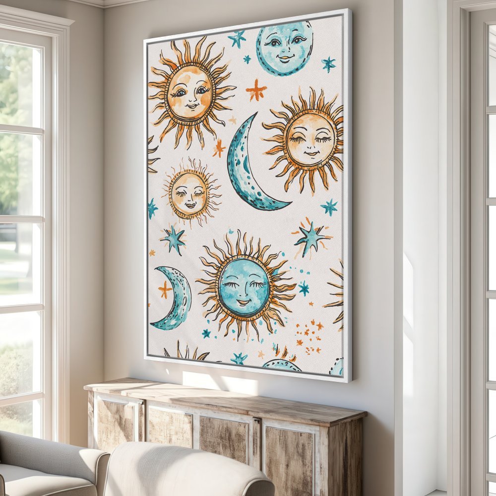 Framed Wall Art featuring a whimsical sun and moon watercolor design in a calming blue and orange palette. Perfect for adding a touch of boho charm!