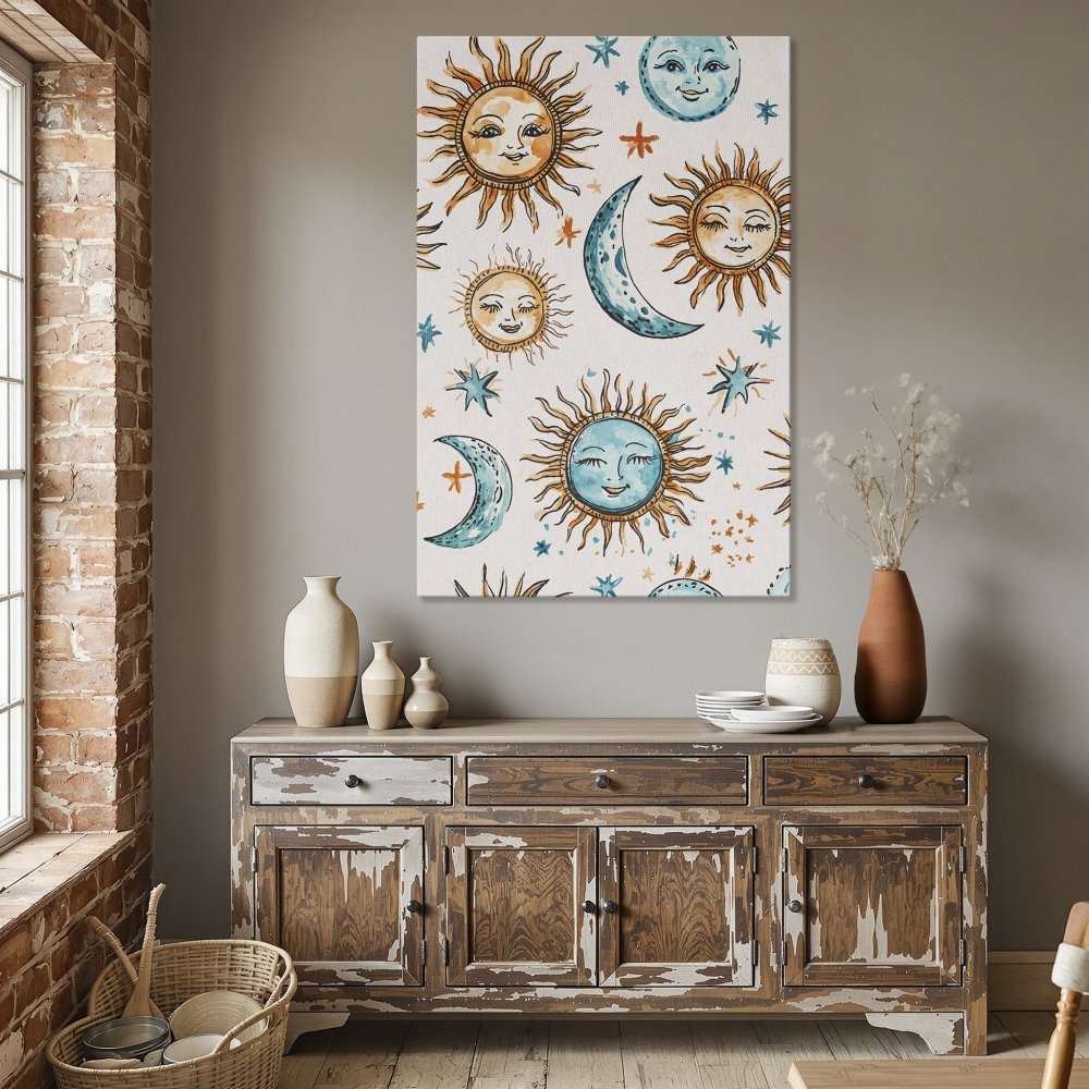 Framed wall art featuring a whimsical sun and moon watercolor pattern in a boho style. Earthy tones of blue, orange, and beige. Perfect for adding a touch of magic!