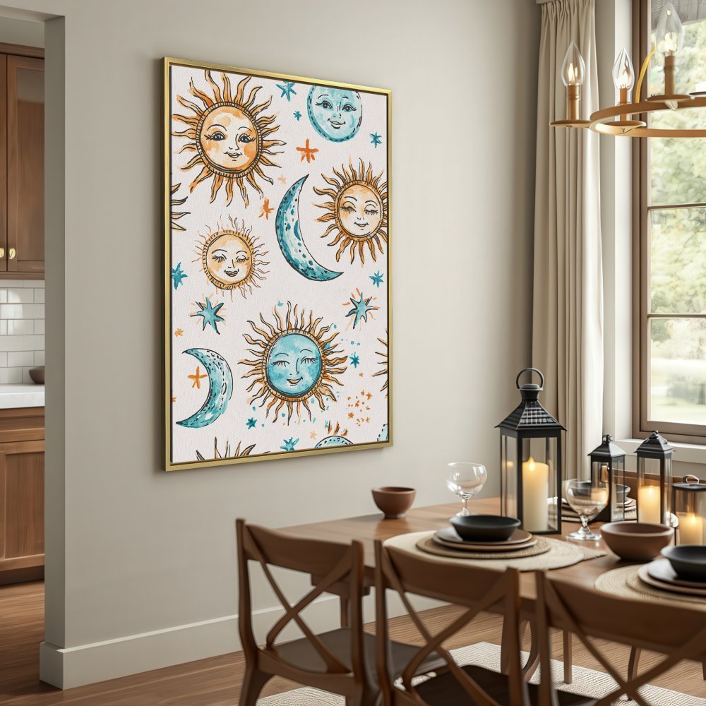 Canvas Print featuring whimsical sun, moon, and star watercolor art in a warm, inviting color palette. Perfect for boho decor!
