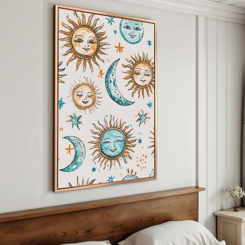 Framed Wall Art: Whimsical sun and moon watercolor print in a warm, inviting palette. Perfect for adding a touch of boho charm to your space!