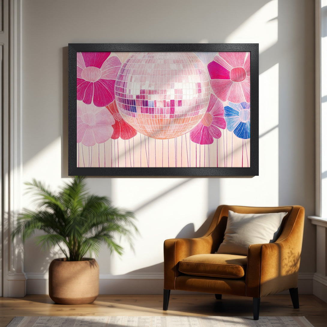 Framed Poster featuring a disco ball and flowers in a vibrant pink and blue color palette. Perfect wall art for a pop of color!
