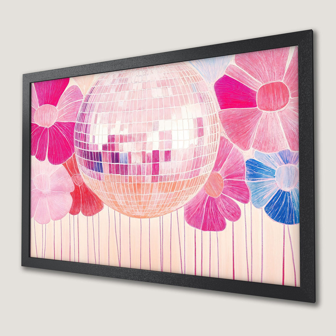 Framed Poster featuring a disco ball & flowers in a vibrant pink & blue palette. Modern art print for your home decor.