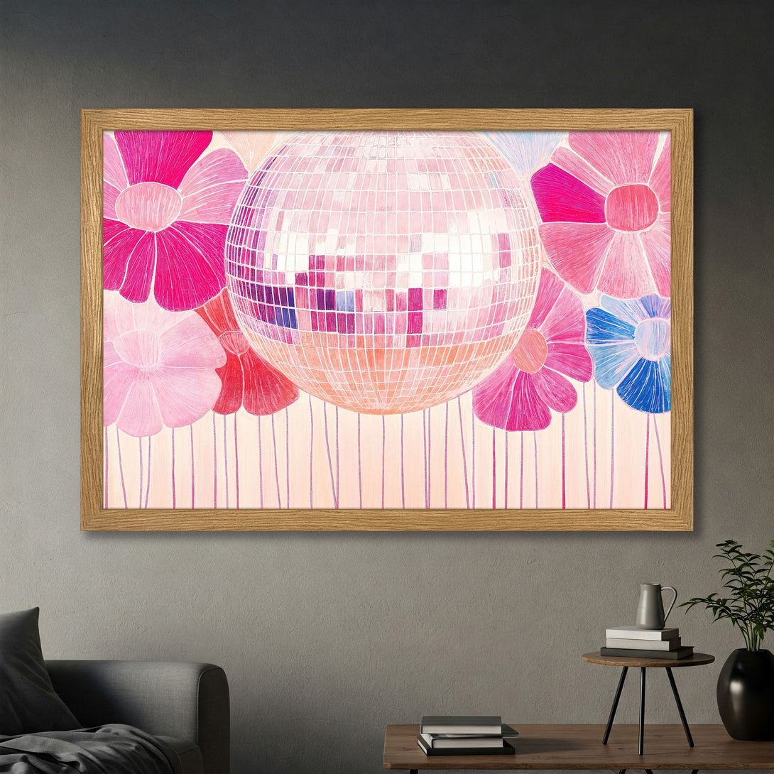 Framed Poster featuring a disco ball and flowers, vibrant pink and blue palette, whimsical art style. Add a pop of color to your space!