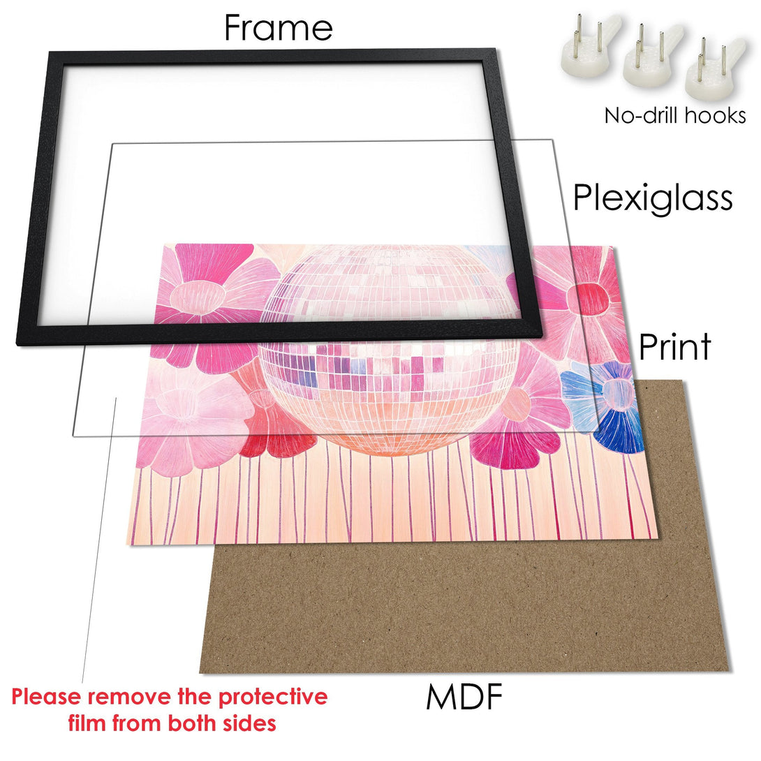 Framed Poster of a disco ball and flowers, in a pink and peach color palette. Modern art style. Perfect wall decor!