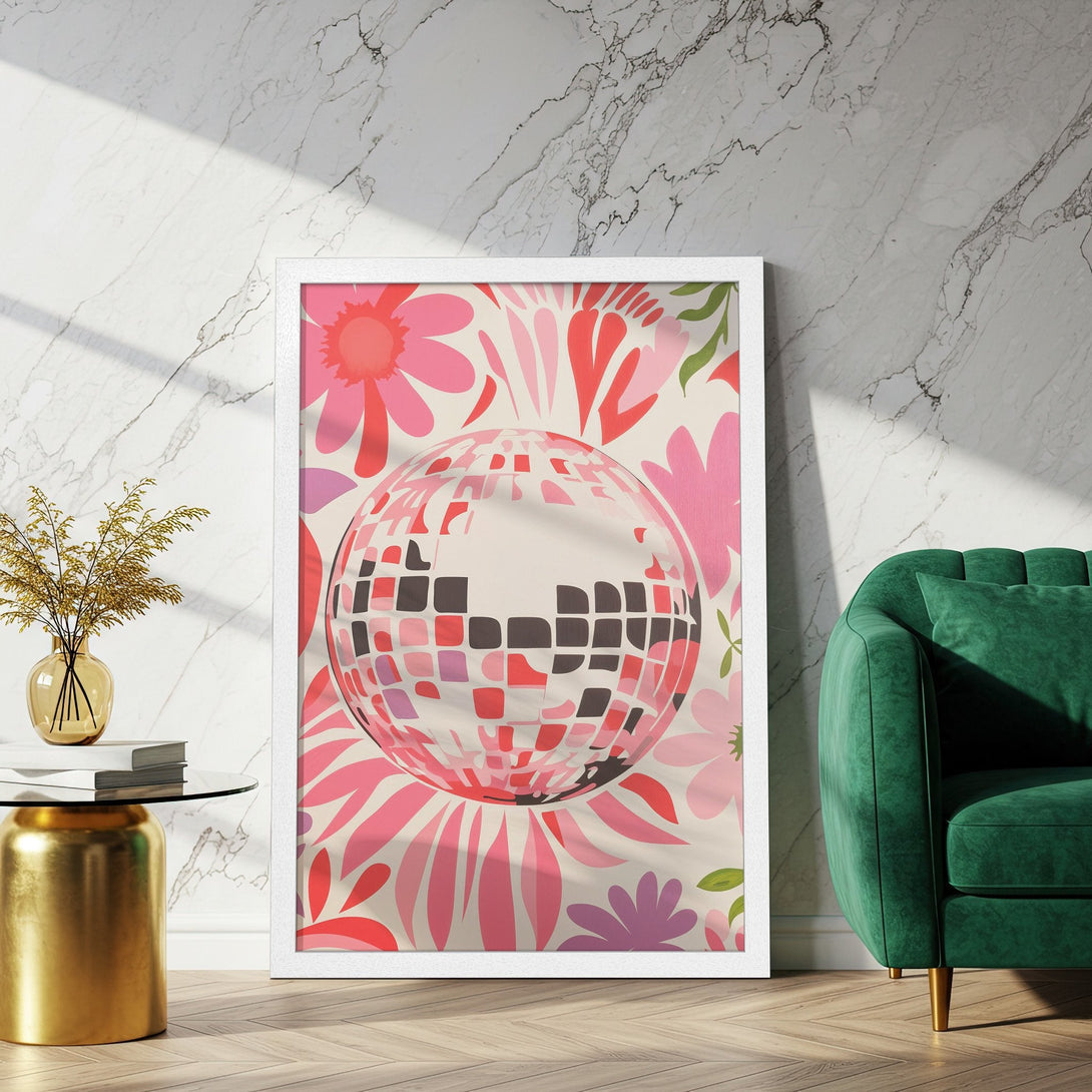 Framed Poster with disco ball design in a retro style, featuring pink, red, and cream color palette. Add a pop of color to your space!