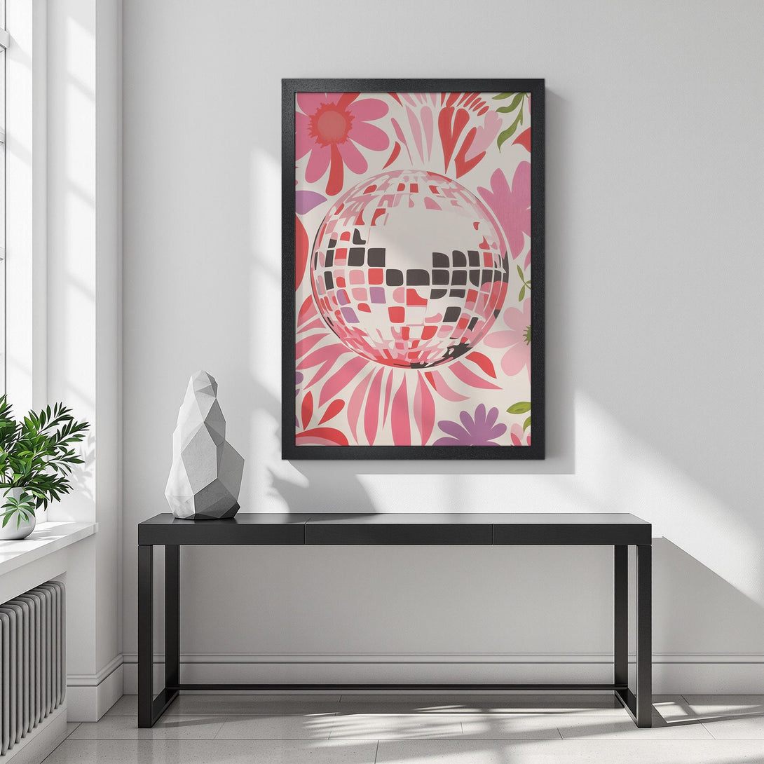 Framed Poster featuring a disco ball design with a floral background, in a pink and red color palette. Perfect wall art for a retro vibe!
