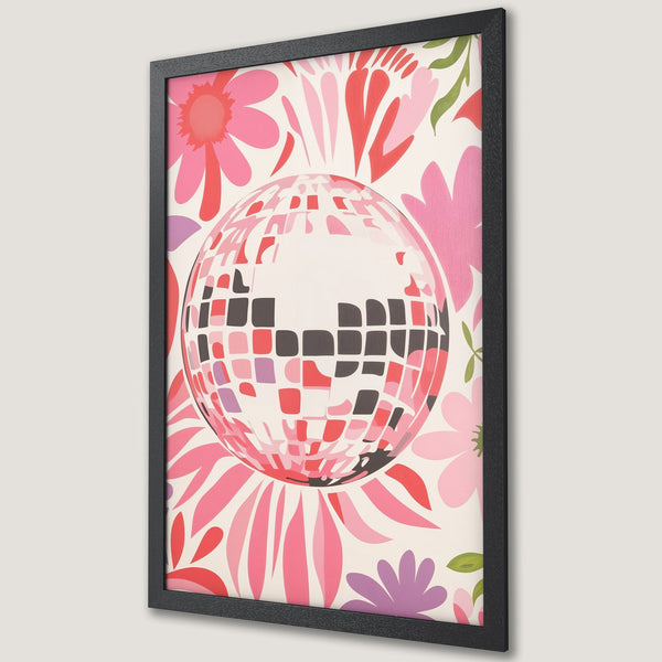 Framed Poster featuring a disco ball design with floral elements in a retro, colorful style. Pink, red, and purple color palette.