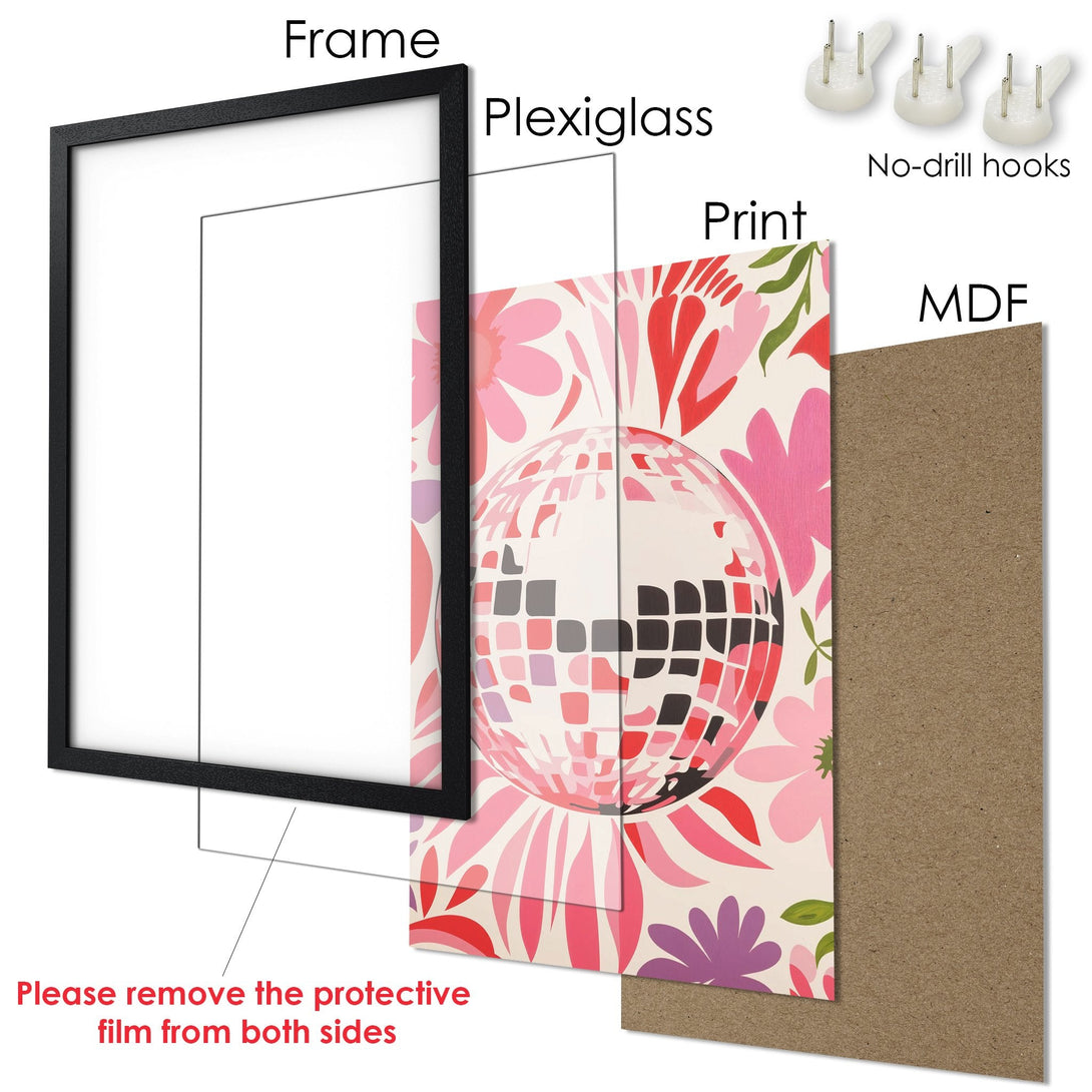 Framed Poster with a disco ball design. Retro style, pink and red color palette. Perfect wall art for any room!