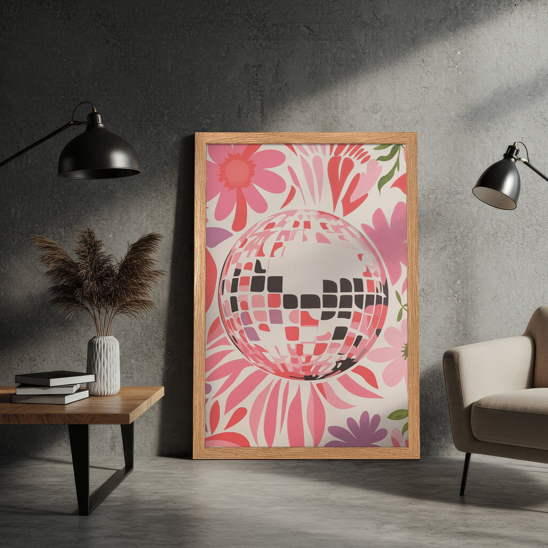 Framed Poster featuring a disco ball design with a floral background in pinks and reds. Modern art style.