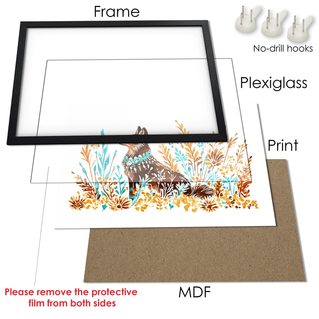 Framed Poster featuring a wolf in a watercolor style with a warm color palette of browns, oranges, and blues. Perfect wall art!