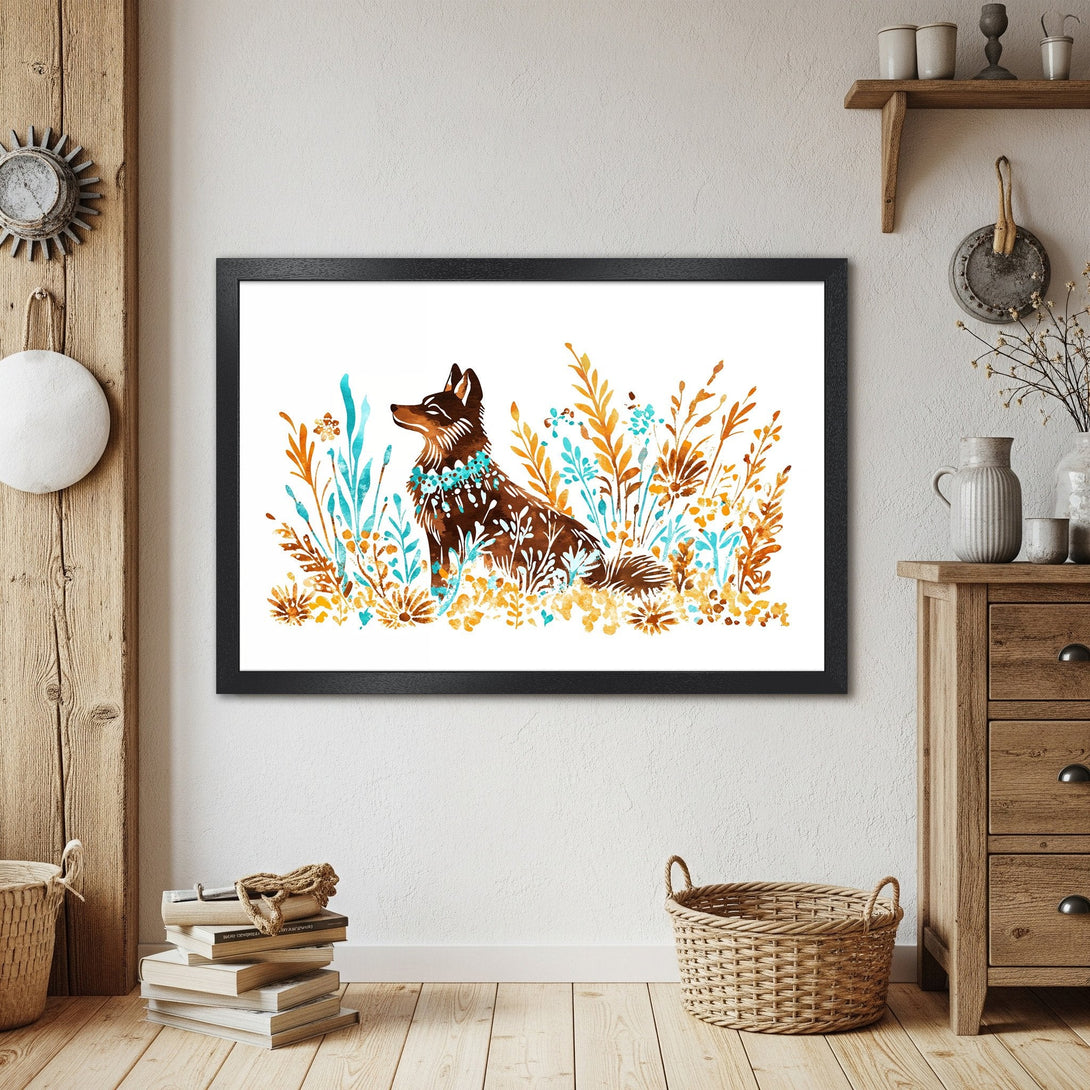Framed Poster featuring a watercolor fox in a field, with a warm color palette of browns, blues, and oranges. Perfect wall art!