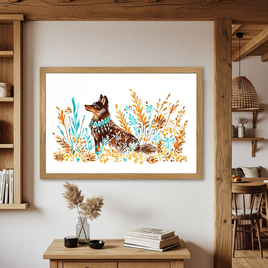 Framed Poster featuring a watercolor-style fox in a floral setting, with a warm brown, teal, and orange color palette. Perfect wall art!