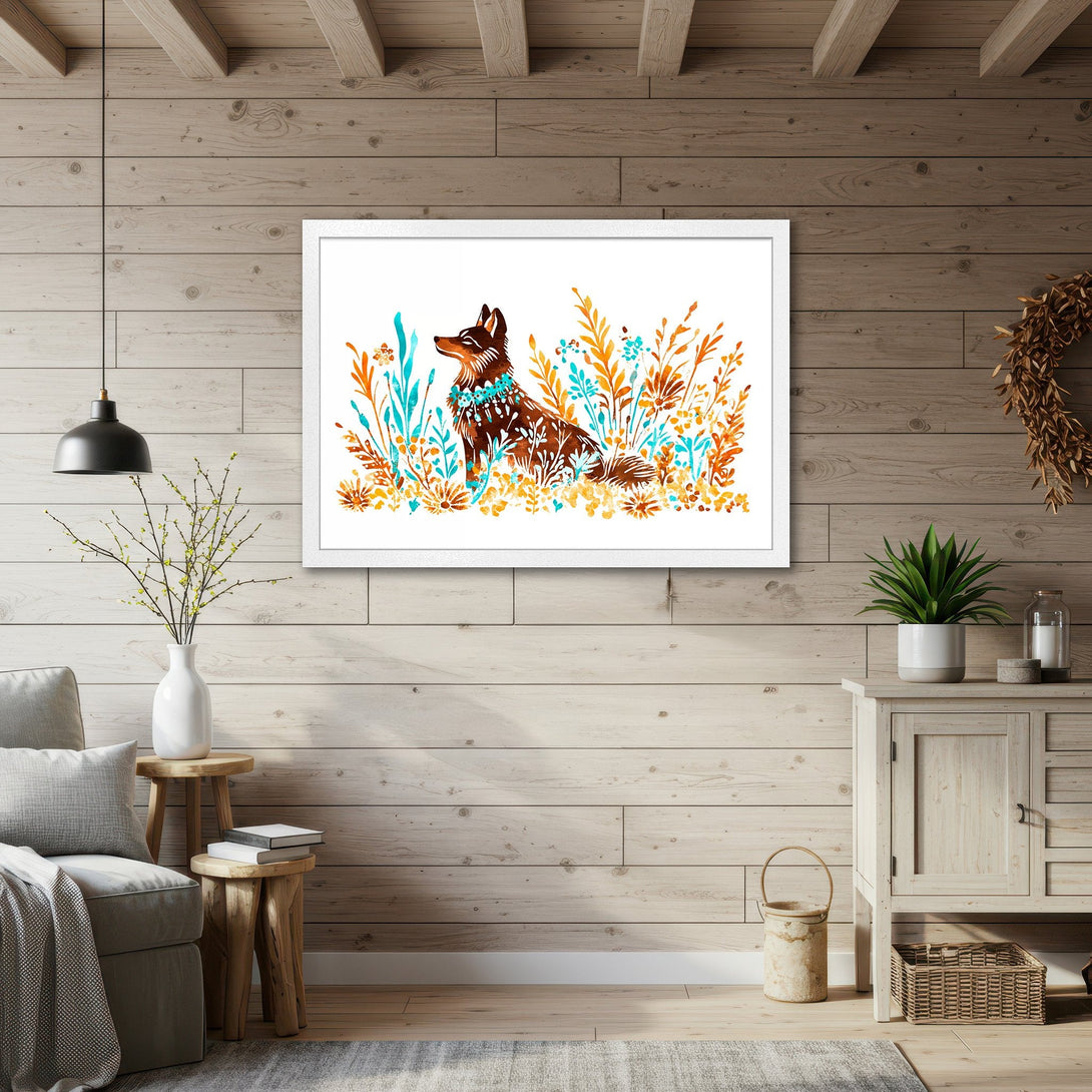 Framed Poster featuring a watercolor dog in a field of flowers. Warm, inviting color palette with teal, orange, and brown tones. Perfect wall art!