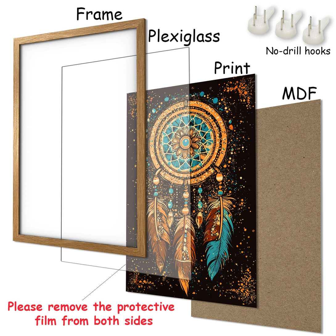 Framed Poster featuring a dreamcatcher design. Boho style with warm orange, teal, and black color palette. Perfect wall art!