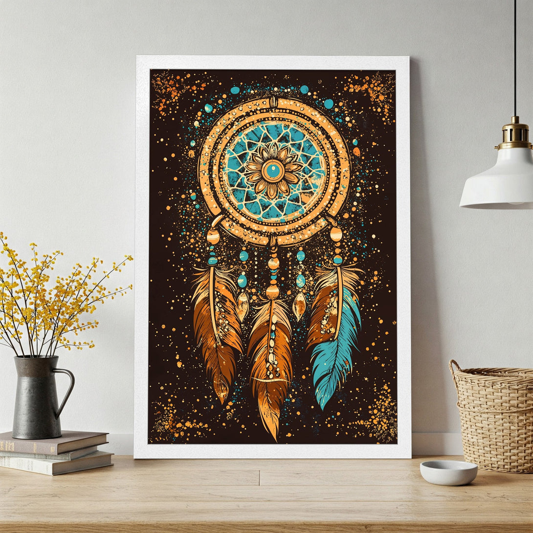 Framed Poster featuring a dreamcatcher design. Bohemian style with a warm orange, blue, and brown color palette, perfect for home decor.